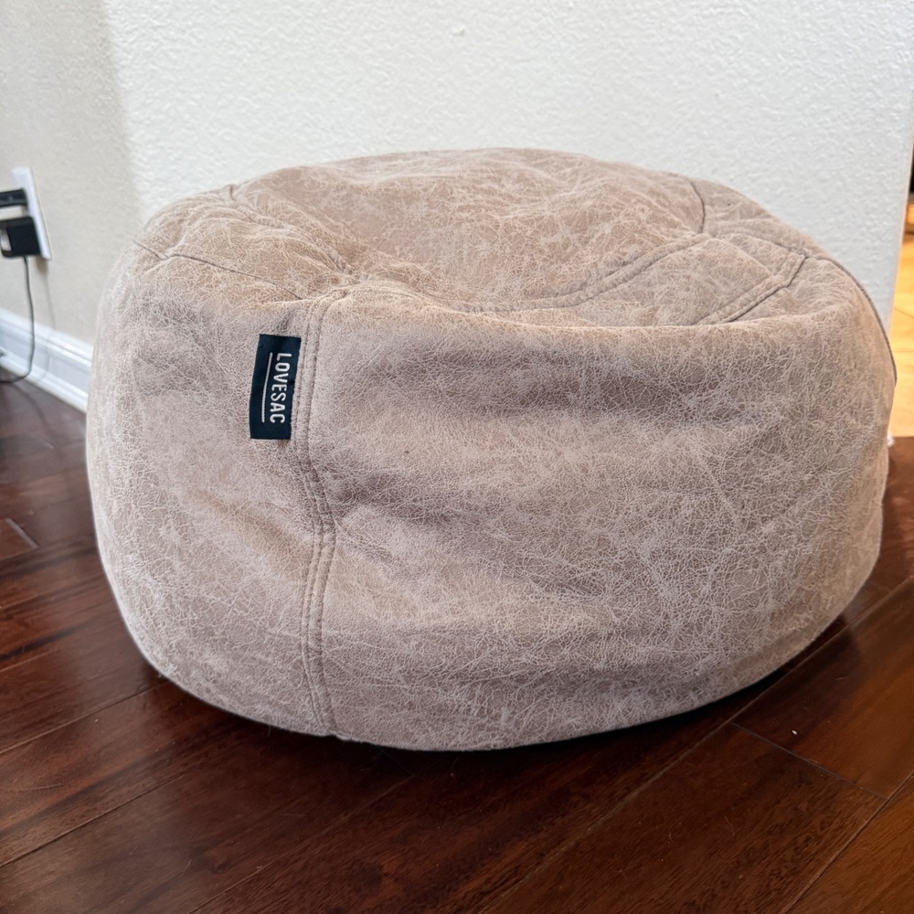 Lovesac Footsac Ottoman Foot Stool Tan Distressed Cover Round Lounge Pouf